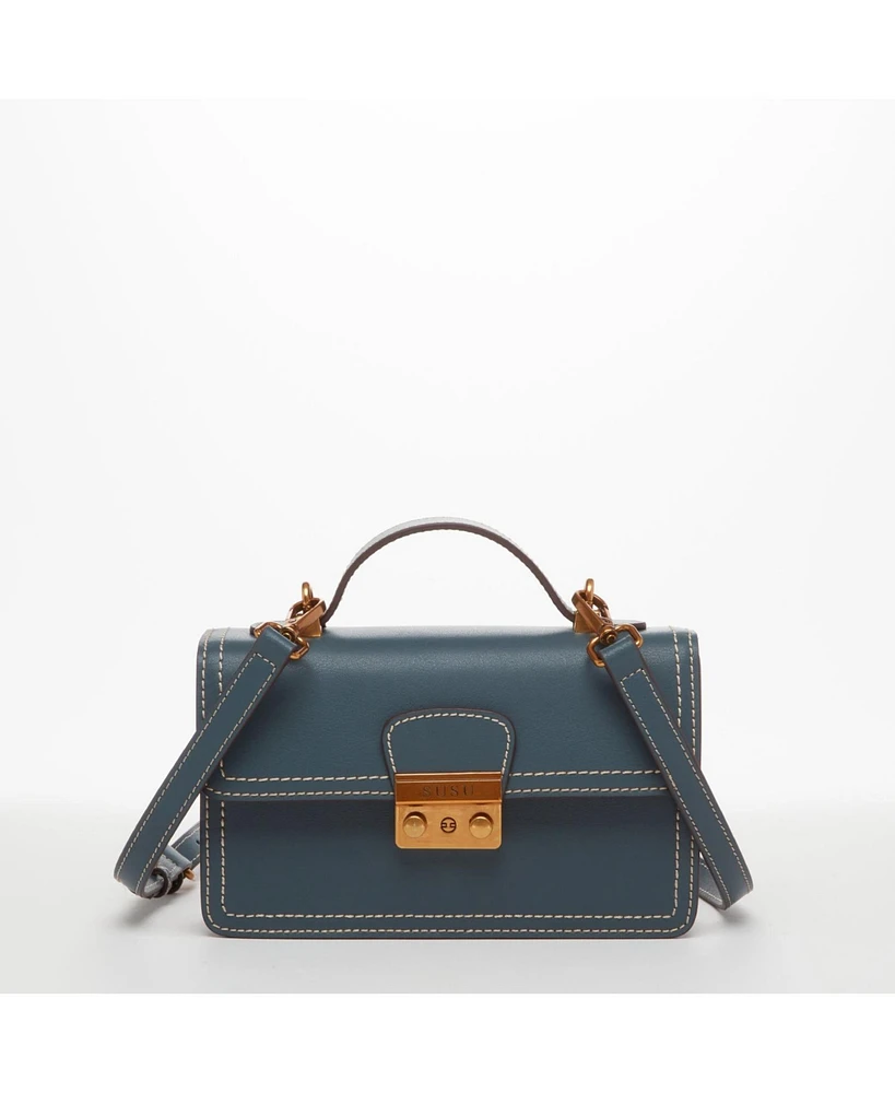 Susu Blue Leather Crossbody Bag Small Cute Purse for Women with Top Handle and Adjustable Strap