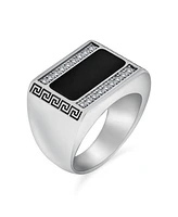 Bling Jewelry Stainless Steel Geometric Greek Cz Accent Black Rectangle Signet Ring Silver Tone