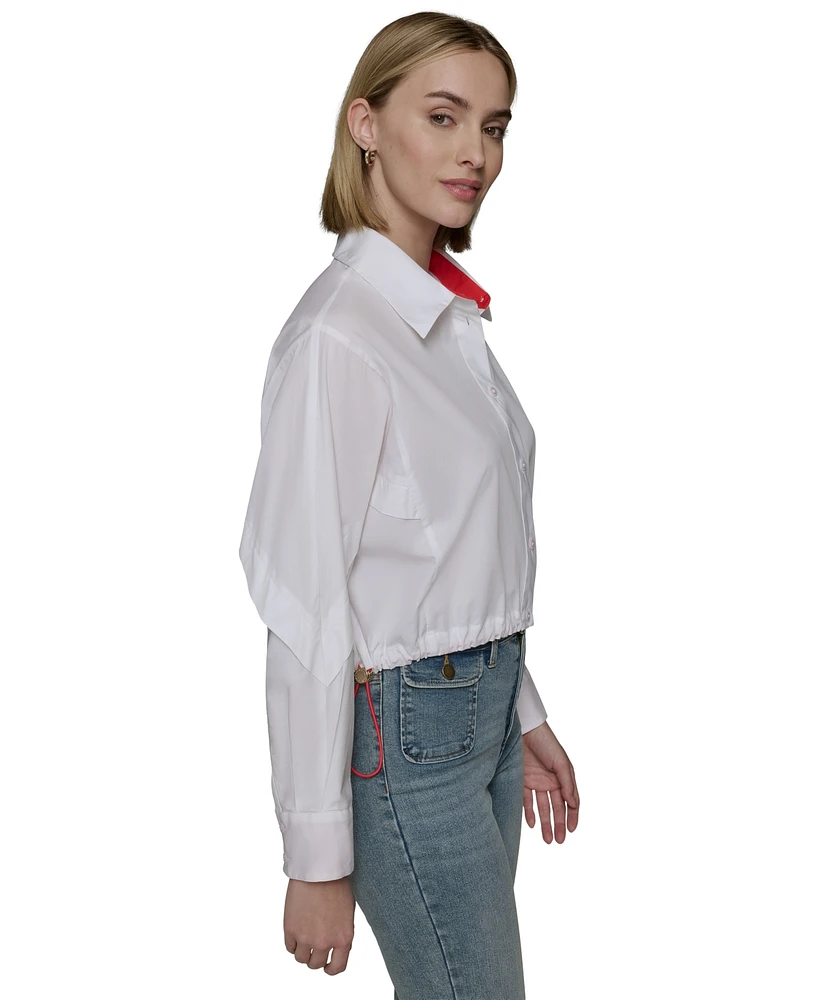 Karl Lagerfeld Paris Women's Cotton Contrast-Collar Drawcord Button-Front Top