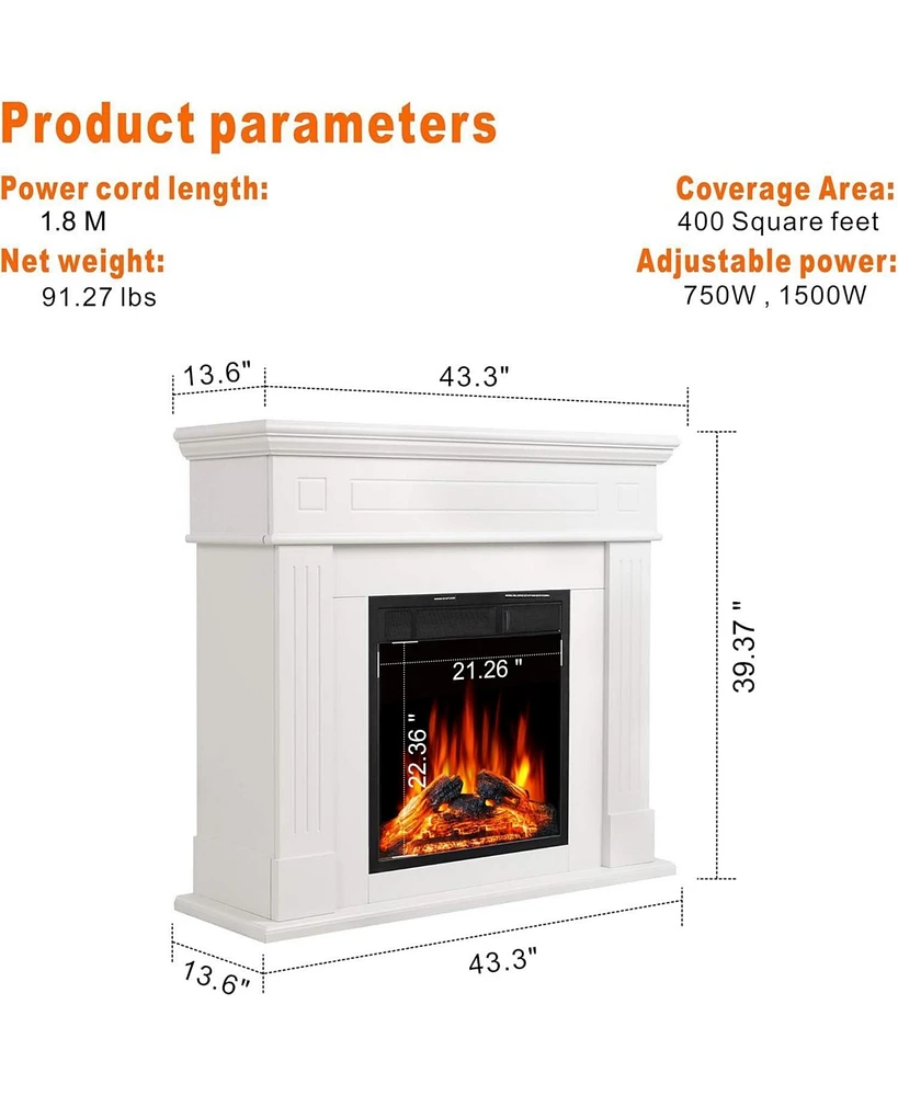 Kismile Electric Fireplace Mantel Package Wooden Surround Firebox Tv Stand Free Standing Heater with Logs, Adjustable Led Flame, Re