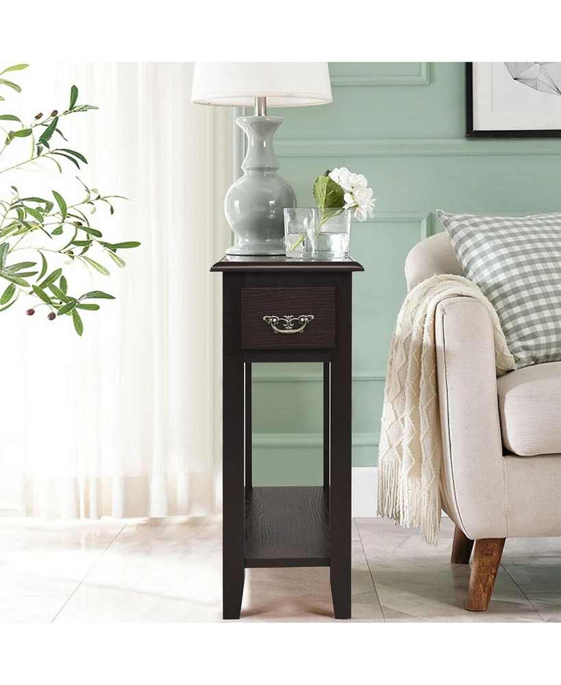 Gymax 2 Tier End Bedside Sofa Side Table Narrow Nightstand w/Drawer &Shelf