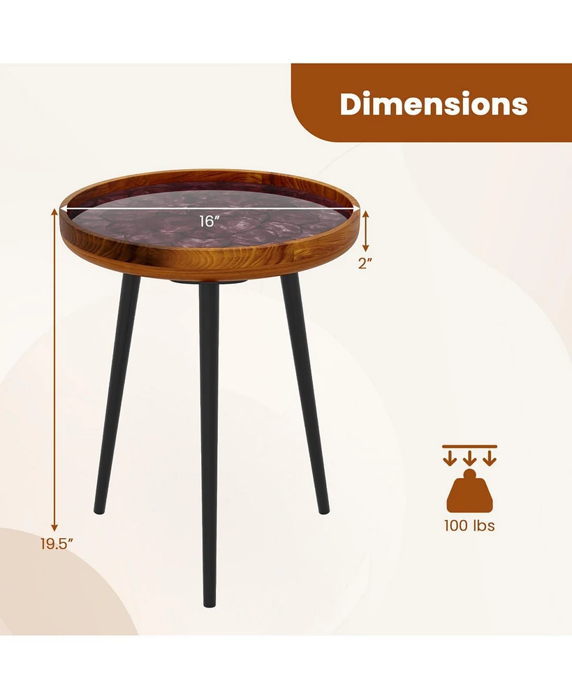 Round End Table with Sea Shell Inlay and Epoxy Resin Top for Living Room Decor
