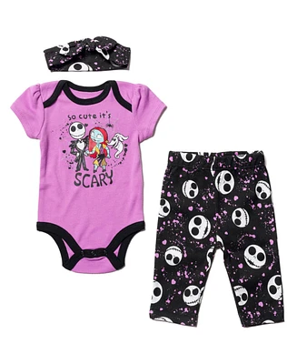 Nightmare Before Christmas Baby Girls Bodysuit Pants and Headband 3 Piece Outfit Set