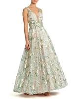 Mac Duggal Women's Floral Embroidered Illusion V-Neck Gown