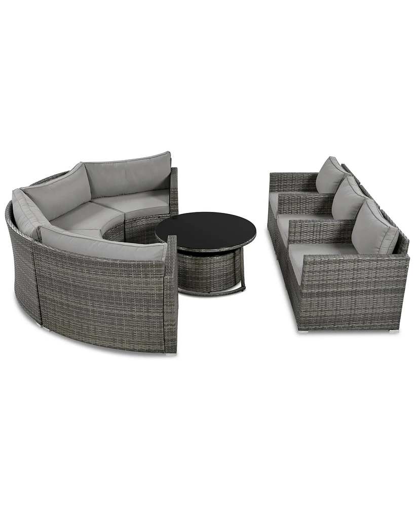 9-Pieces Outdoor Half-moon Patio Sofa Set, Round Sofa Set, Modern Style Sofa, Gray Wicker