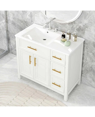 36" White Bathroom Vanity with Solid Wood and Mdf Cabinet, Sink Top, 2 Doors, 3 Drawers