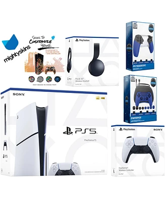 Sony Playstation 5 Slim Disc Bundle with Black Pulse Headset, Extra White Controller, Pro Gamer Kit, Trigger Kit and MightySkins Decal Voucher