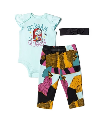 Nightmare Before Christmas Baby Girls Bodysuit Pants and Headband 3 Piece Outfit Set