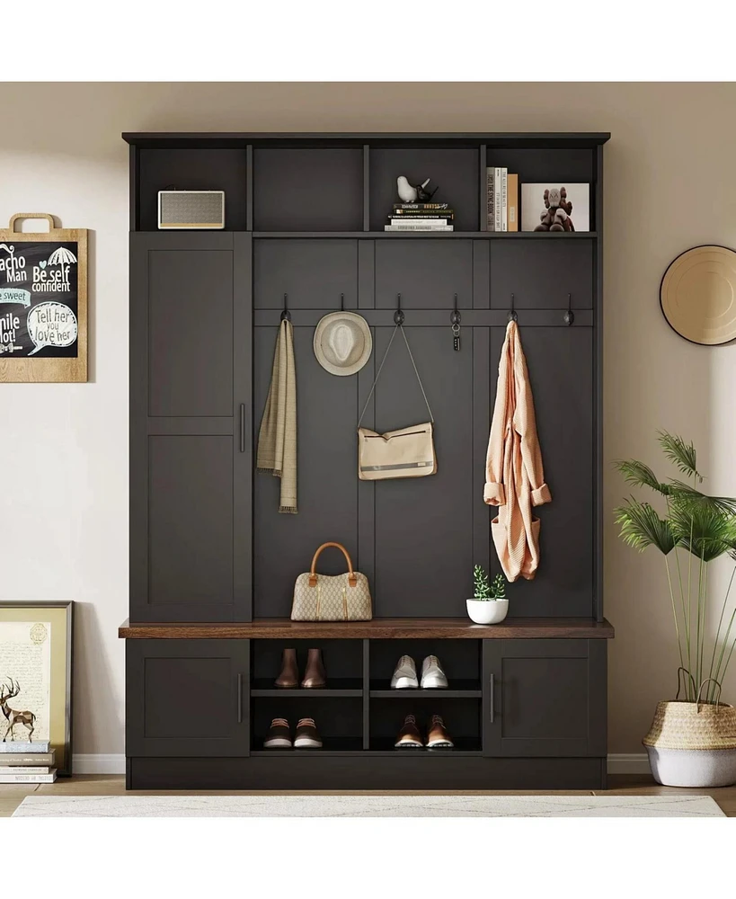 3-in-1 Hall Tree Bench with Storage, 6 Hooks, Adjustable Shelves, 55"W