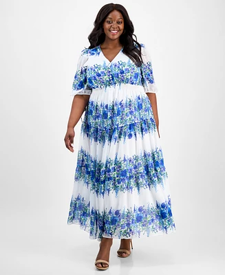 Taylor Plus Size Printed Tie-Sleeve Tiered Maxi Dress