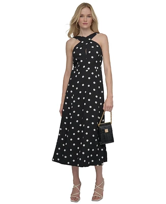 Dkny Petite Polka-Dot Crisscross Halter Midi Dress