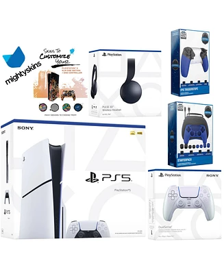 Sony Playstation 5 Slim Disc Bundle with Black Pulse Headset, Extra White Controller, Pro Gamer Kit, Trigger Kit and MightySkins Decal Voucher