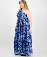 B Darlin Trendy Plus Size Printed One-Shoulder Gown