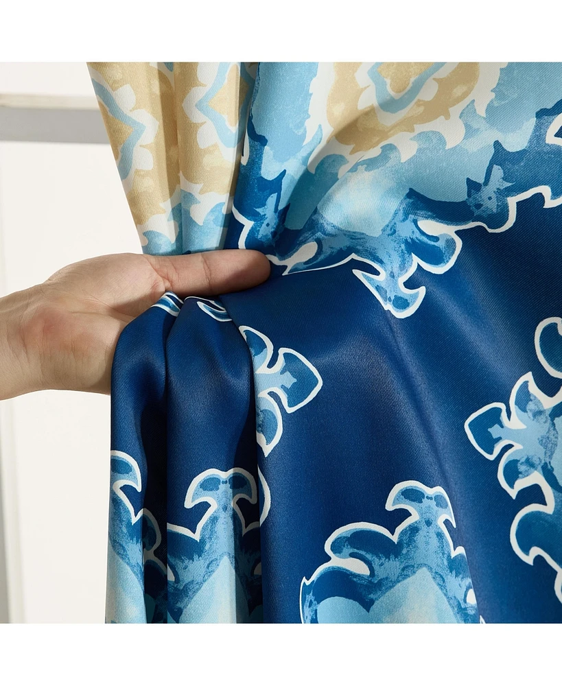 Hlc.me Liam Ogee Ikatt Damask Patterned Window Grommet Curtains Bedroom - Light Blocking Darkening Window Panels, Set of 2 (Navy Blue
