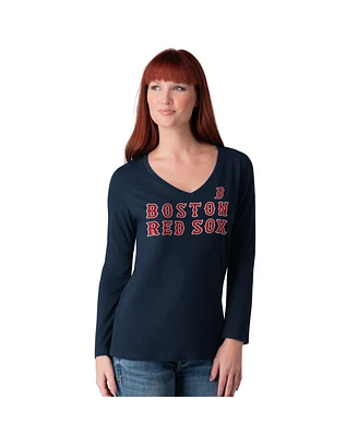 G-iii 4Her by Carl Banks Women's Red Boston Red Sox Post Season Long Sleeve V-Neck T-Shirt