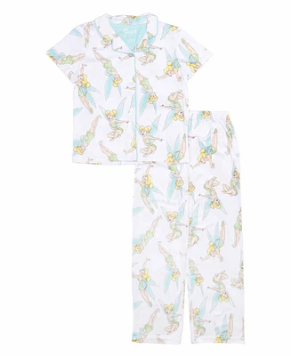 Tinkerbell Little and Big Girls Short Sleeve Button Down Sleep Shirt Open Leg Pant, 2-Piece Pajama Set