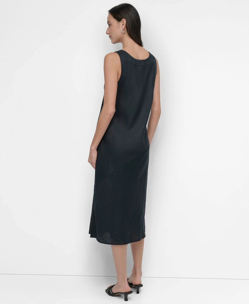 Dkny Women's Linen Sleeveless Studded V-Neck Dress