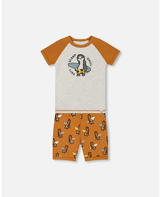 Deux par Deux Toddler Boys Cotton Two-Piece Short Pajama Set Sloths On Tan And Mottled Background - Toddler|Child