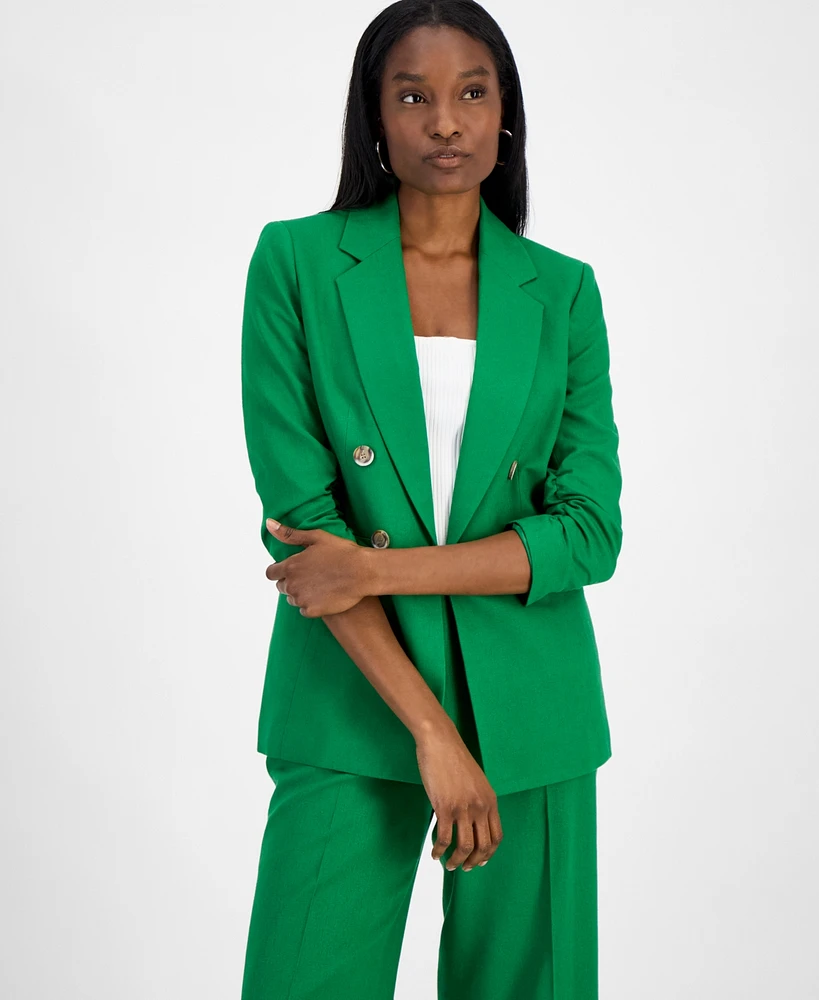 Bar Iii Women's Ruched-Sleeve Open-Front Linen Blazer