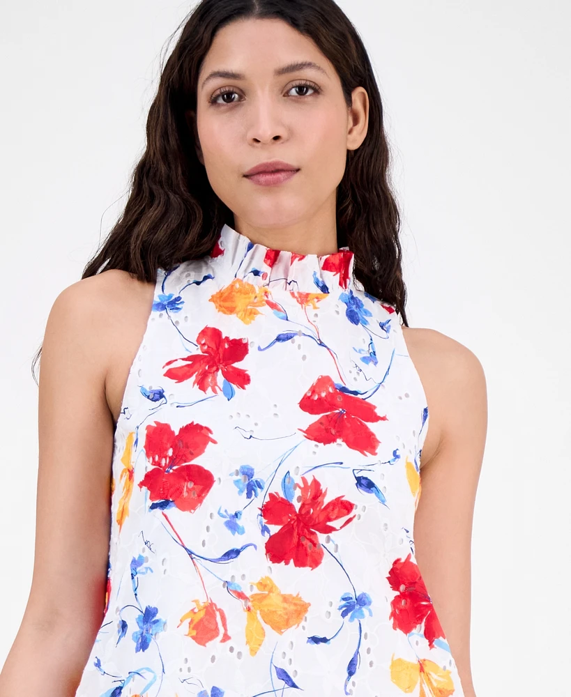 Anne Klein Women's Printed Cotton Eyelet Sleeveless Shift Dress