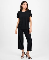 Ak Anne Klein Petite Textured Tulip-Sleeve Jewel-Neck Top