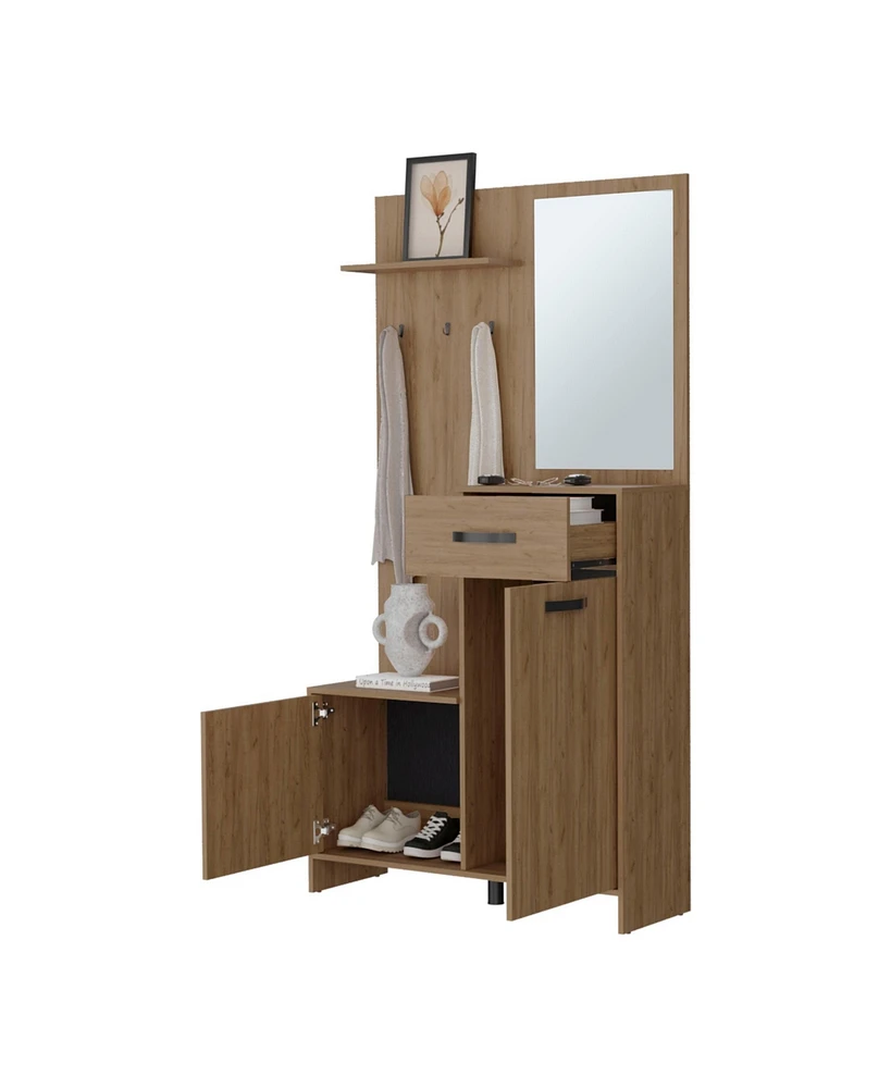 Fm Furniture Elko Hall Tree Multistorage with a Mirror, Natural Oak