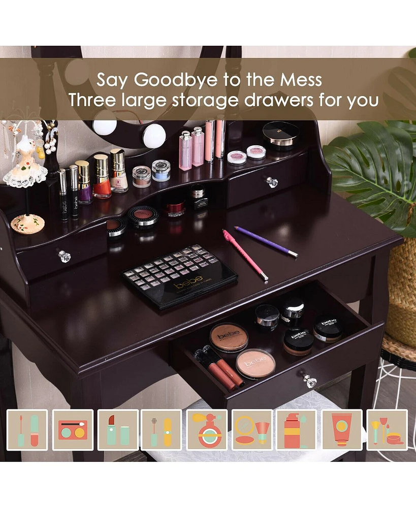 Oval Mirror Vanity Set with 10 Led Dimmable Bulbs and 3 Drawers