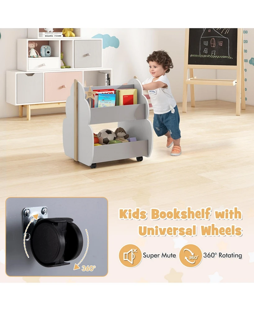 Kids Wooden Bookshelf with Universal Wheels
