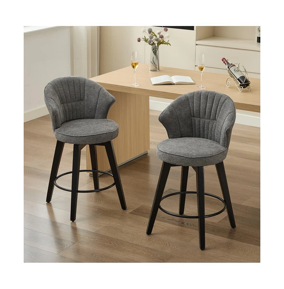 Set of 2 Swivel Bar Stools, Chenille Upholstered Counter Height Chairs with Wing-Back & Solid Wood Legs-The Pop Home