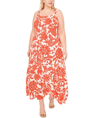 Vince Camuto Plus Printed Square-Neck Smocked-Back Sleeveless Maxi Dress