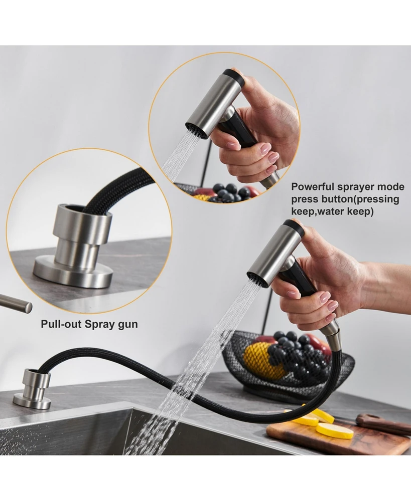 Bridge Kitchen Faucet with Side Sprayer Brushed Gold 8 Inch 4 Hole Double Handle Vintage Widespread Stainless Steel Sink