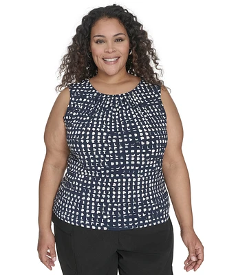 Calvin Klein Plus Printed Pleat Neck Sleeveless Top