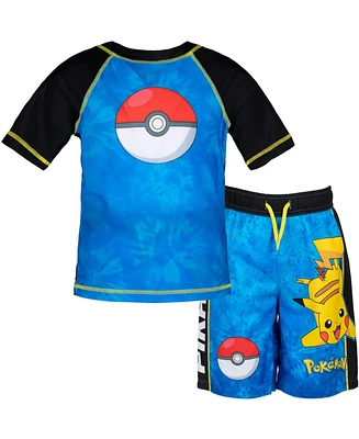 Pokemon Pikachu Upf 50+ Rash Guard Swim Trunks Outfit Set Little Kid to Big