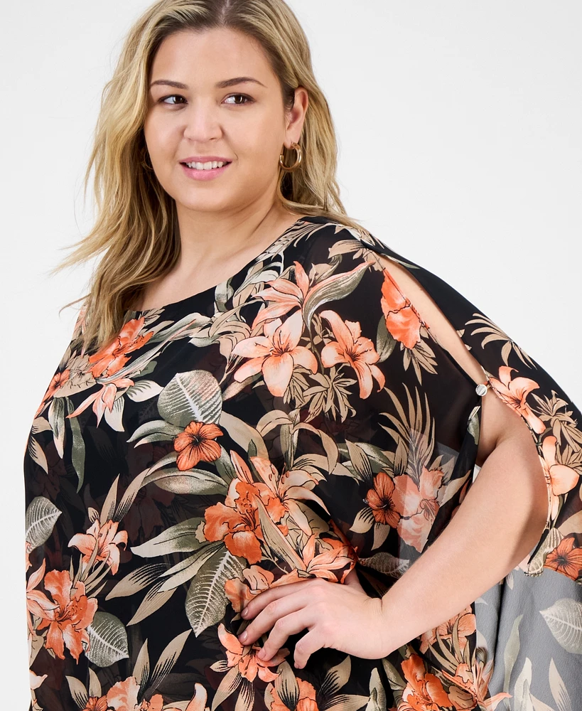 Kasper Plus Floral 3/4-Sleeve Poncho Top
