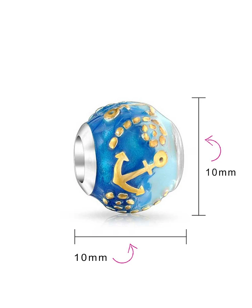 Bling Jewelry Tropical Ocean Blue Waves Anchor Charm Bead Gold Plated Silver Bracelet