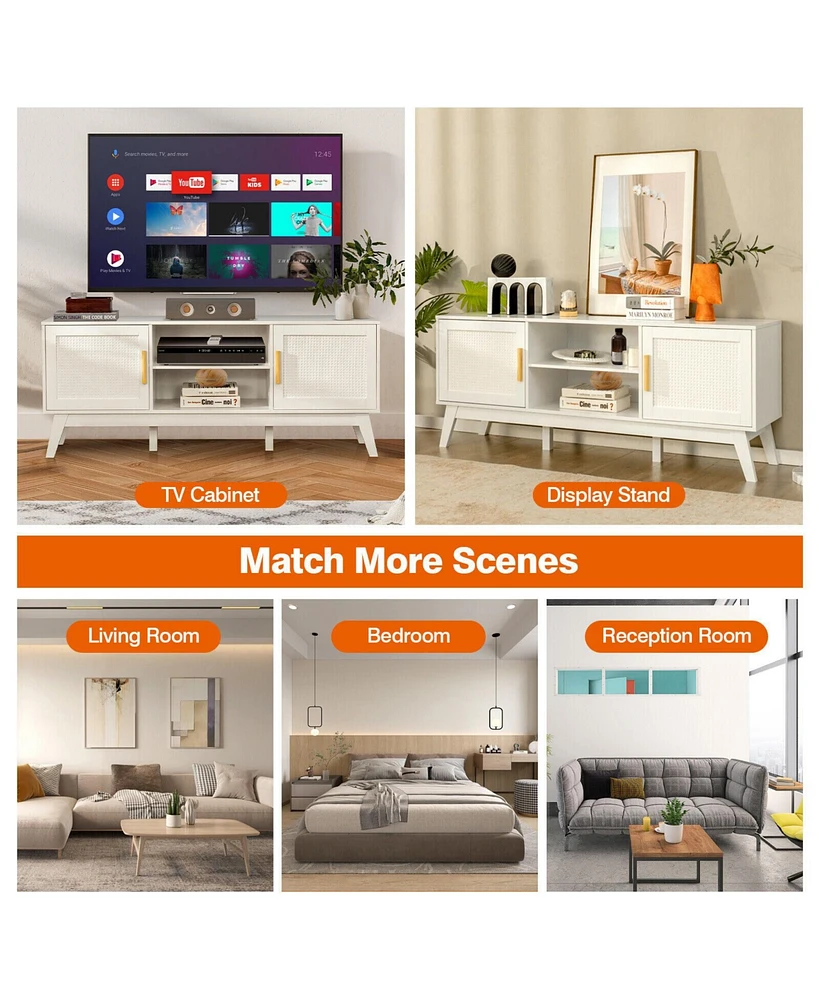 Tv Stand Entertainment Media Console with 2 Rattan Cabinets and Open Shelves