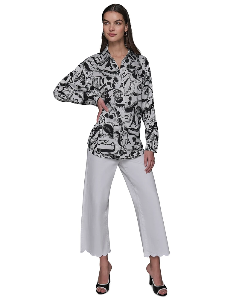 Karl Lagerfeld Paris Women's Motif-Print Oversized Button-Front Top