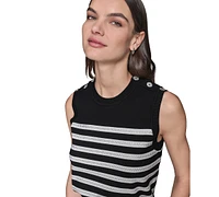 Karl Lagerfeld Paris Women's Striped Crystal-Button Sleeveless Sweater