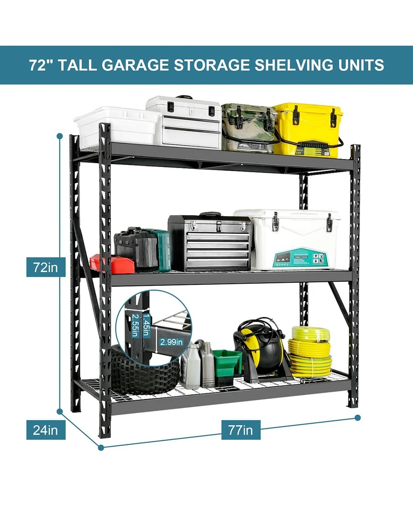 Garage Shelving Heavy Duty 72"H77"W Garage Storage Shelves 6000LBS Heavy Duty Shelving Adjustable 3 Tier Metal Shelving for Garage Storage Shelving In