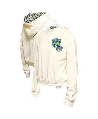 New Era Women's Cream Florida Panthers Glam Game Quarter-Zip Cropped Floral Hoodie Pullover Top