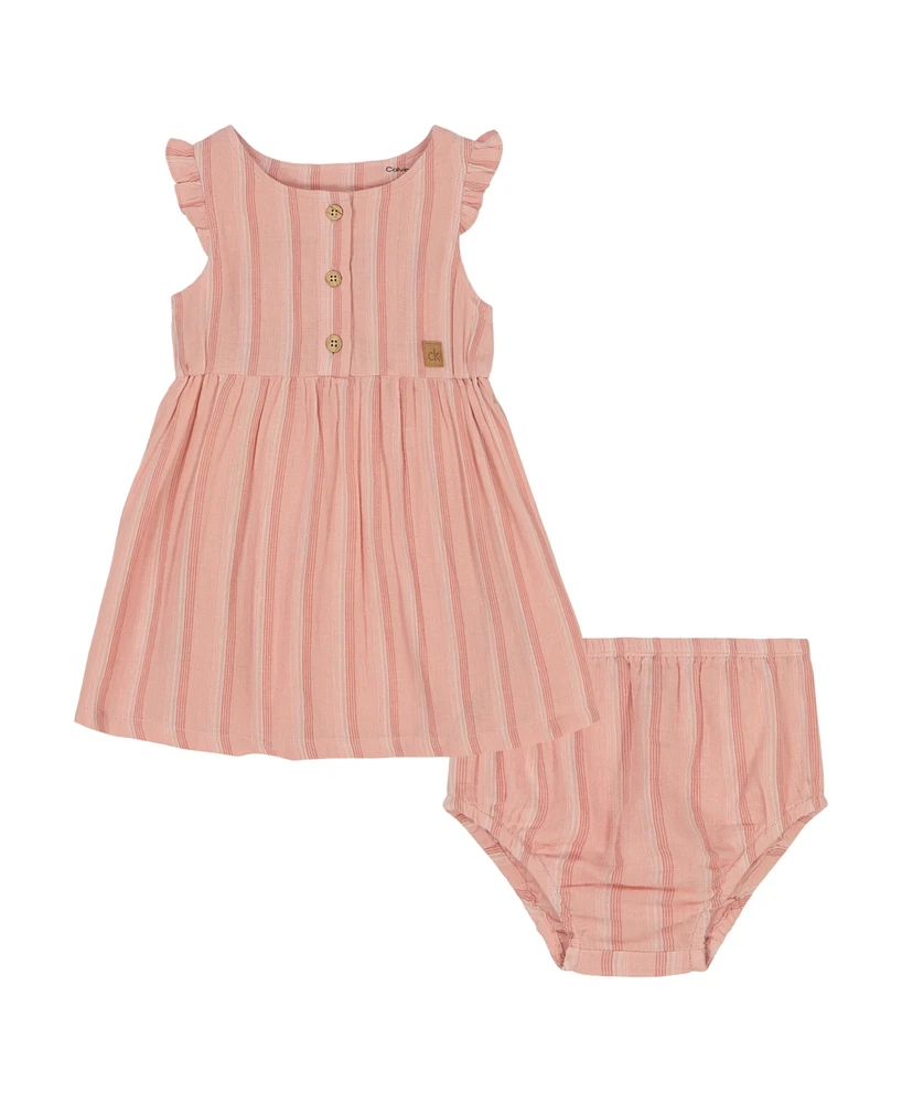 Calvin Klein Baby Girls 2-Piece Striped Gauze Dress and Bloomers Set