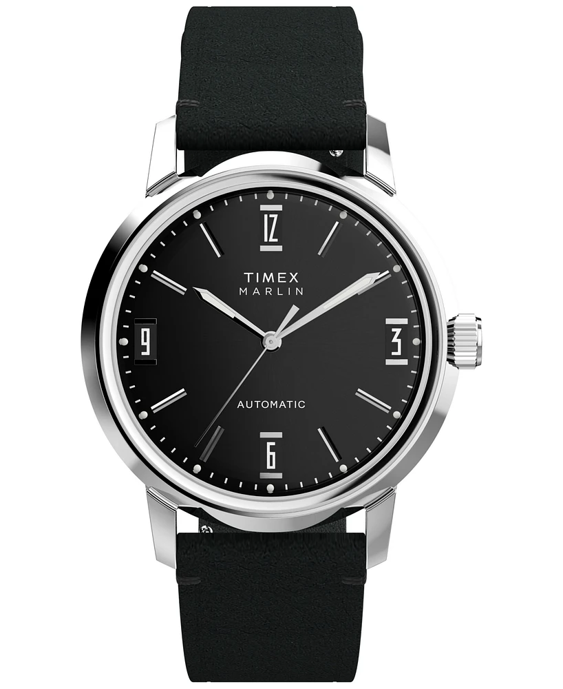 Timex Men's Mechanical Automatic Black Leather Strap Watch, 40mm