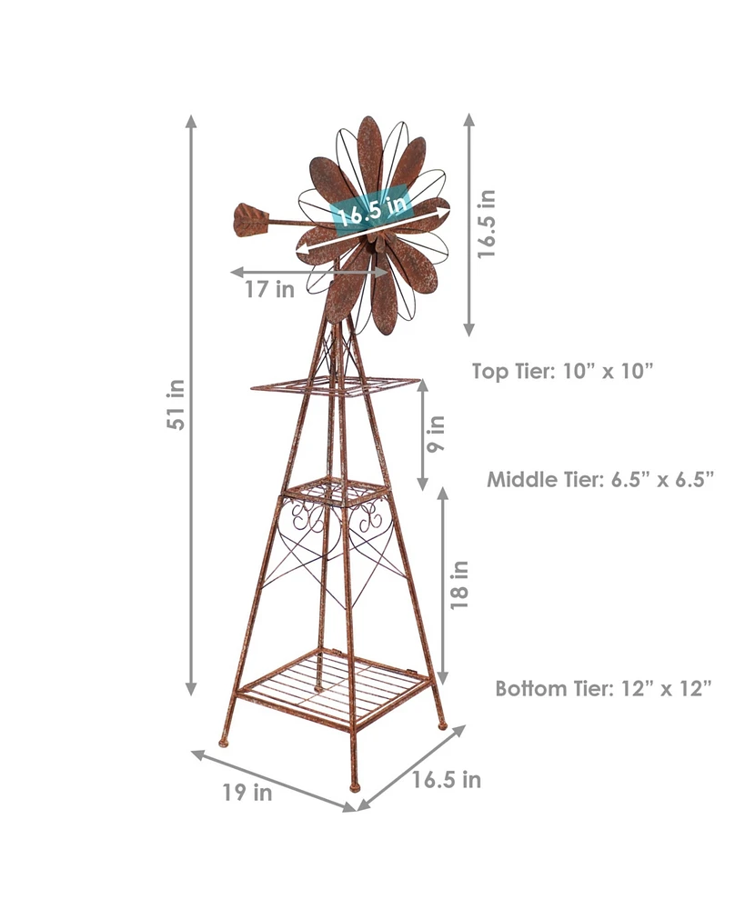 Rustic Windmill Metal Outdoor Garden Statue with Tiers - 51" H - Brown/Copper