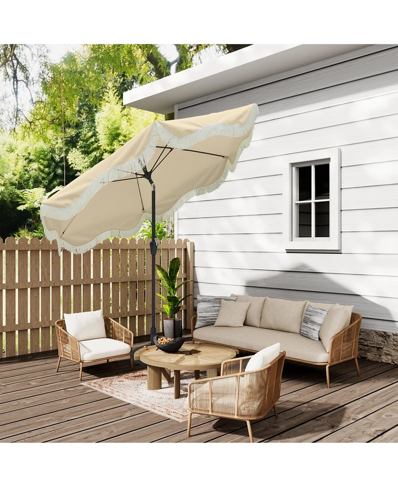 Mondawe 9 Ft Fashionable Boho Vintage Tassels Print Patio Umbrella with Push Button Tilt Pole