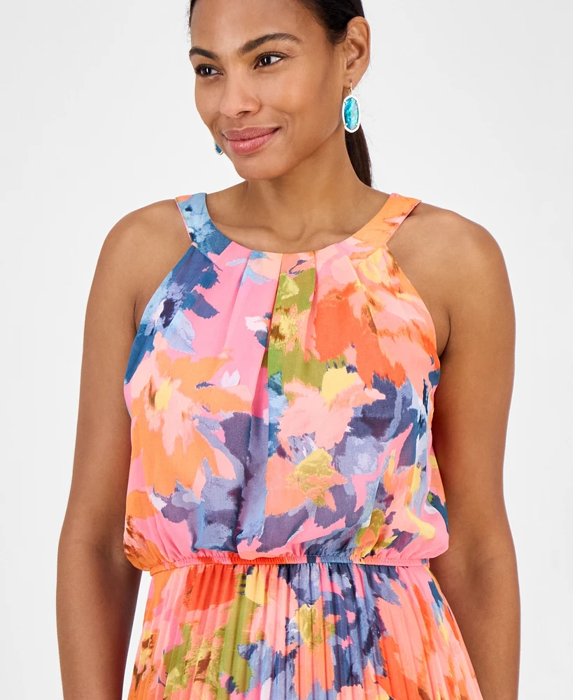 Robbie Bee Petite Printed Sleeveless Pleat-Skirt Maxi Dress