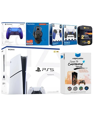 Sony Playstation 5 Slim Disc with Extra Galactic Purple Controller, Plantronics Headset, Trigger Stop Kit, Fps Grip Kit and MightySkins Decal Voucher