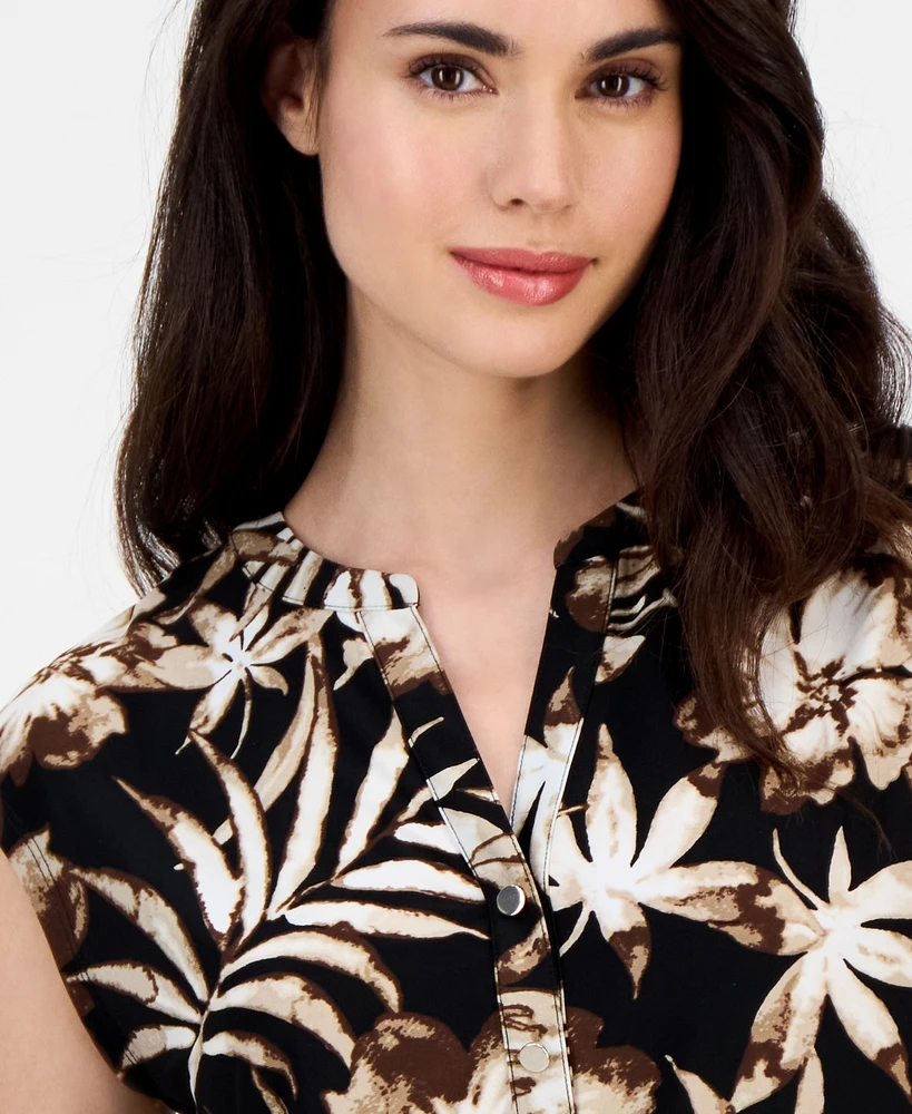 Ak Anne Klein Petite Printed Split-Neck Sleeveless Top