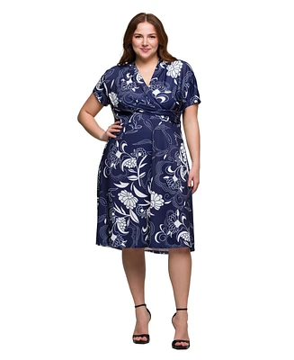 24seven Comfort Apparel Plus Size Print Short Sleeve Knee Length V-Neck Wrap Dress