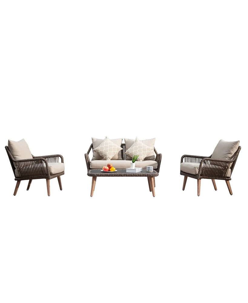 Patio Conversation Sets 4-Pieces, Handwoven Rattan Wicker Aluminum Frame Outdoor Patio Set, All-Weather Modern Rope Patio Loveseat with Coffee Table f