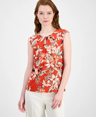 Kasper Women's Floral Pleated-Neck Cap-Sleeve Top, Regular & Petite